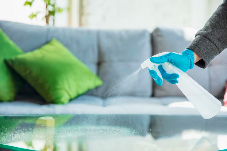 spray e limpeza sendo utilizado pra limpeza em ambiente interno